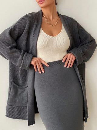 Pocketed Long Sleeve Cardigan and Skirt Sweater Set - 1985 the VAULT Boutique