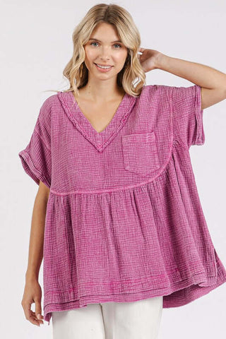 Mittoshop Mineral Wash Gauze Babydoll V-Neck Oversized Blouse - 1985 the VAULT Boutique