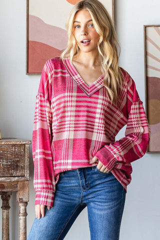 Heimish Plaid Drop Shoulder V-Neck T-Shirt - 1985 the VAULT Boutique