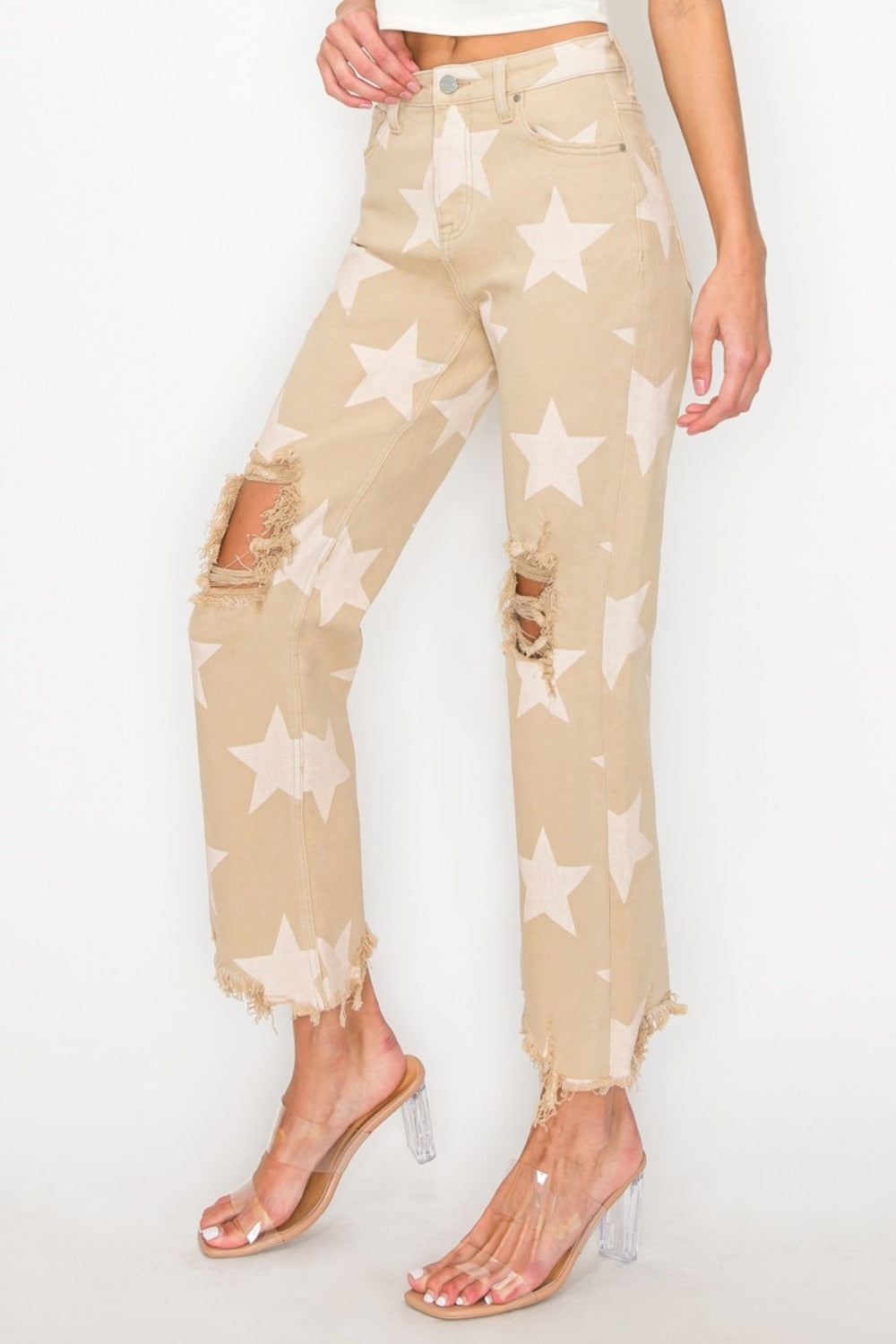 RISEN Full Size High Rise Star Printed Frayed Hem Jeans - 1985 the VAULT Boutique