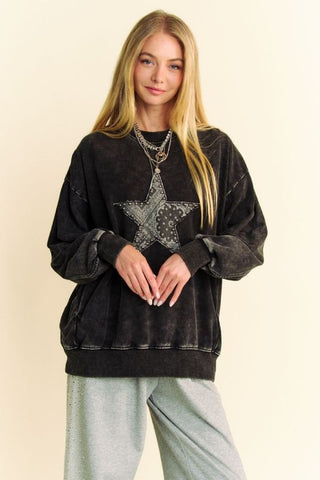 Davi & Dani Stud Star Patch Acid Washed Sweatshirt - 1985 the VAULT Boutique