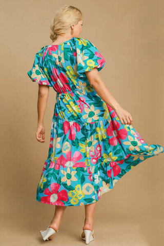 Umgee Full Size Tiered Floral Print Notched Puff Sleeve Midi Dress Plus Size - 1985 the VAULT Boutique