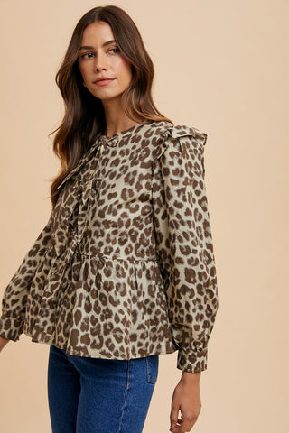 Annie Wear Tied Leopard Round Neck Peplum Blouse - 1985 the VAULT Boutique