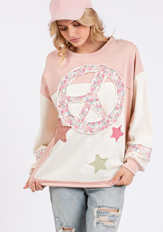 SAGE + FIG Peace & Star Patch Contrast Round Neck Sweatshirt - 1985 the VAULT Boutique