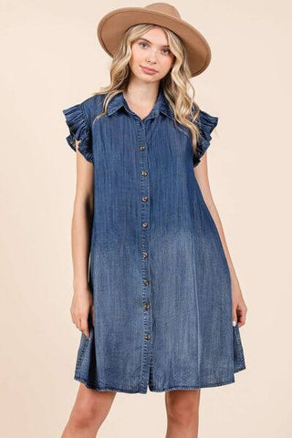 Mittoshop Washed Chambray Ruffle Sleeve Buttoned Mini Dress - 1985 the VAULT Boutique