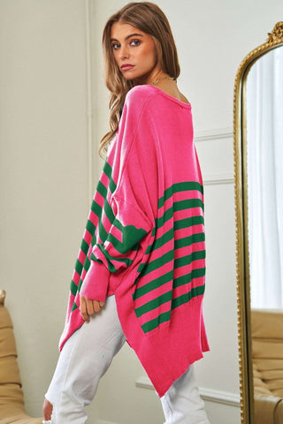 Multi Striped Elbow Patch Loose Fit Sweater Top - 1985 the VAULT Boutique