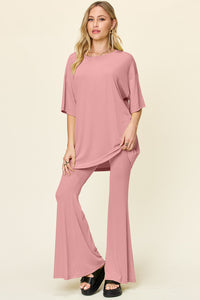 Double Take Full Size Round Neck Drop Shoulder T-Shirt and Flare Pants Set - 1985 the VAULT Boutique