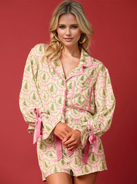 Tied Printed Collared Neck Long Sleeve Top and Shorts Set - 1985 the VAULT Boutique