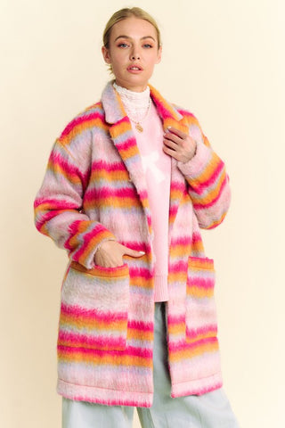 Davi & Dani Contrast Striped Open Front Coat with Pockets - 1985 the VAULT Boutique