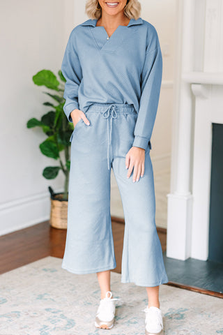 Textured Collared Neck Top and Wide Leg Pants Set - 1985 the VAULT Boutique