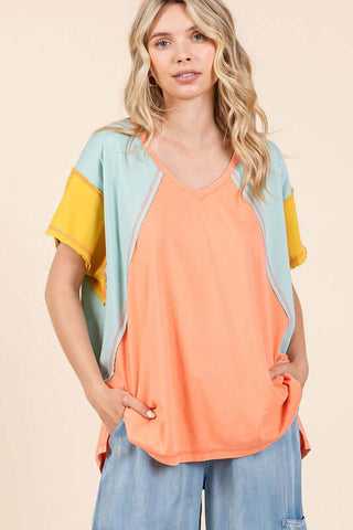 Mittoshop Color Block V-Neck Short Sleeve T-Shirt - 1985 the VAULT Boutique