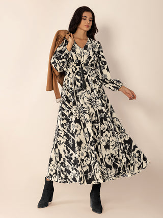 Tied Printed V-Neck Long Sleeve Midi Dress - 1985 the VAULT Boutique