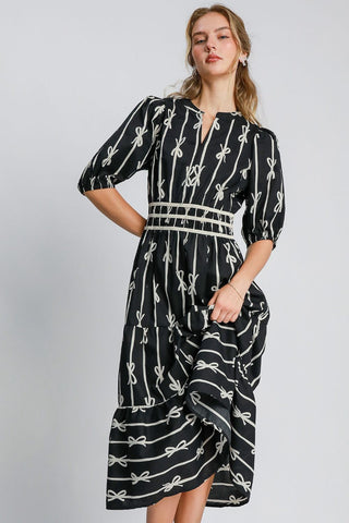 Umgee Bow Tie Print Notched Contrast Velvet Trim Midi Dress - 1985 the VAULT Boutique