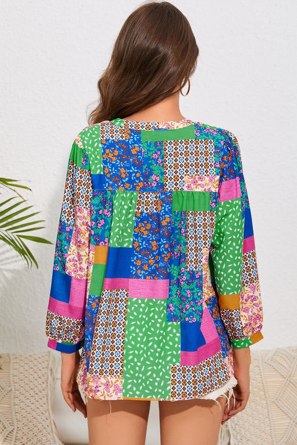 Double Take Patchwork Round Neck Shirt - 1985 the VAULT Boutique