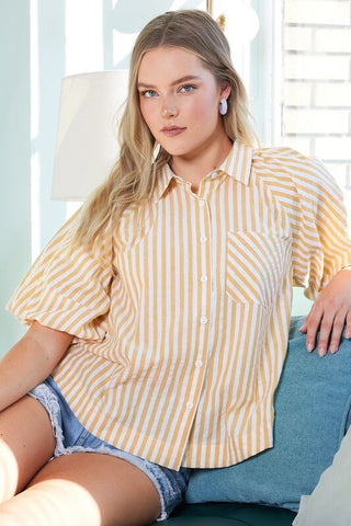 Mittoshop Button Down Striped Puff Sleeve Shirt - 1985 the VAULT Boutique