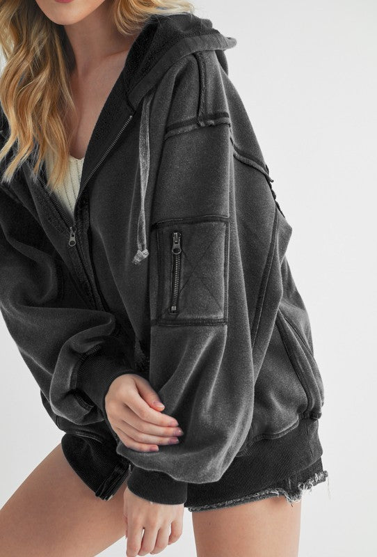 Aemi+Co Exposed Seam Zip Up Drawstring Hooded Jacket - 1985 the VAULT Boutique