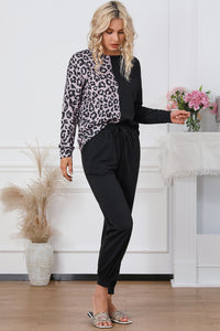 Leopard Round Neck Top and Drawstring Pants Lounge Set - 1985 the VAULT Boutique