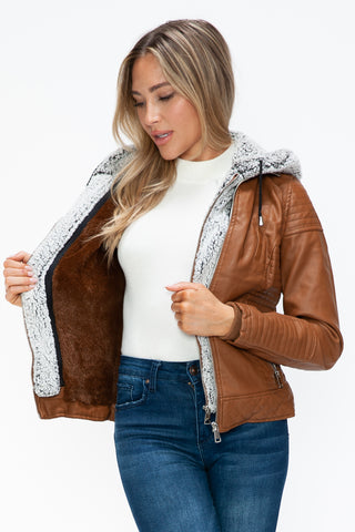 YMI Faux Layered Double-Zipper Jacket with Fuzzy Hood - 1985 the VAULT Boutique