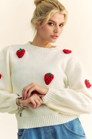 Davi & Dani Crochet Strawberry Round Neck Sweater - 1985 the VAULT Boutique