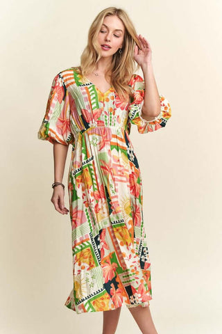 ADORA Floral V-Neck Puff Sleeve Midi Dress - 1985 the VAULT Boutique