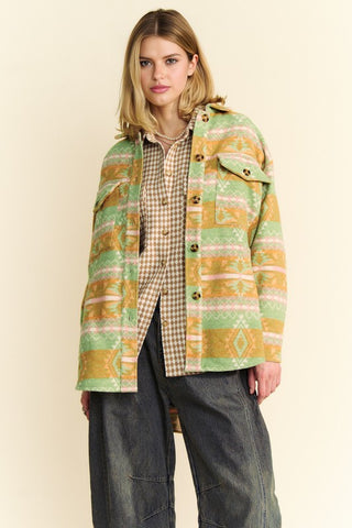 Davi & Dani High-Low Geometric Long Sleeve Shacket with Pockets - 1985 the VAULT Boutique