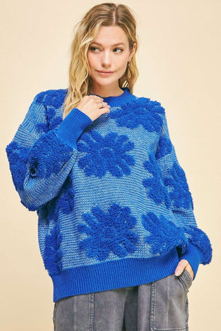 Davi & Dani Flower Texture Round Neck Dropped Shoulder Sweater - 1985 the VAULT Boutique