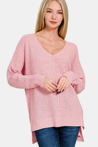 Zenana High-Low Center Seam V-Neck Sweater - 1985 the VAULT Boutique