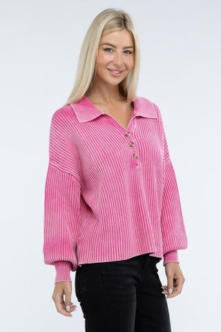 Washed Collared Henley Sweater - 1985 the VAULT Boutique