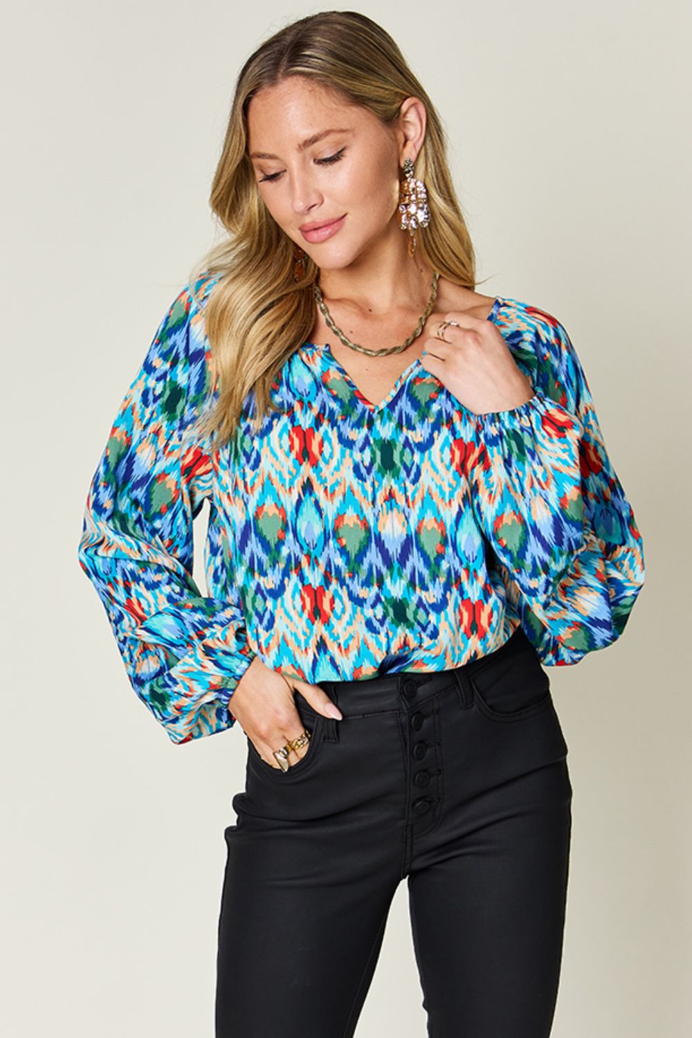 Double Take Full Size Printed Balloon Sleeve Blouse - 1985 THE VAULT