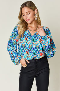 Double Take Full Size Printed Balloon Sleeve Blouse - 1985 THE VAULT