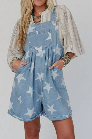 Star Print Square Neck Denim Overalls - 1985 the VAULT Boutique