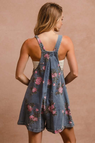 BiBi Flower Printed Wide Strap Denim Overalls - 1985 the VAULT Boutique