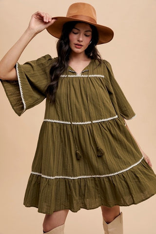 Annie Wear Tassel Contrast Trim Tie Neck Half Sleeve Tiered Dress - 1985 the VAULT Boutique