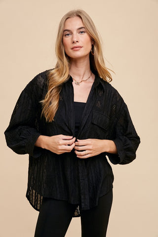 Annie Wear Openwork Button Down Drop Shoulder Shirt - 1985 the VAULT Boutique