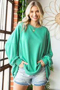 First Love Exposed Seam Round Neck Dropped Shoulder Blouse - Happily Ever Atchison Shop Co.