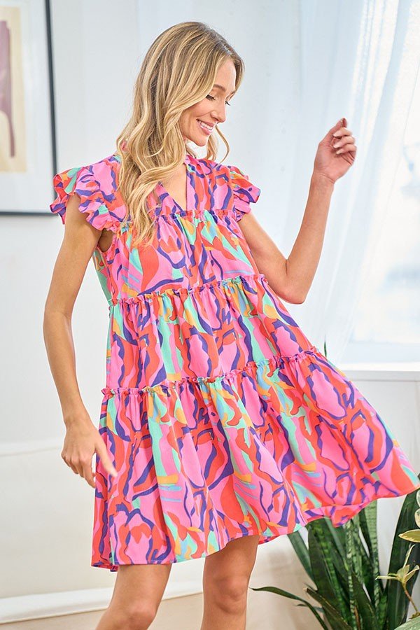 First Love Full Size Printed Ruffle Cap Sleeve Tiered Dress - Happily Ever Atchison Shop Co.