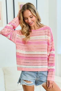 First Love Striped Long Sleeve Openwork Knit Top - Happily Ever Atchison Shop Co.