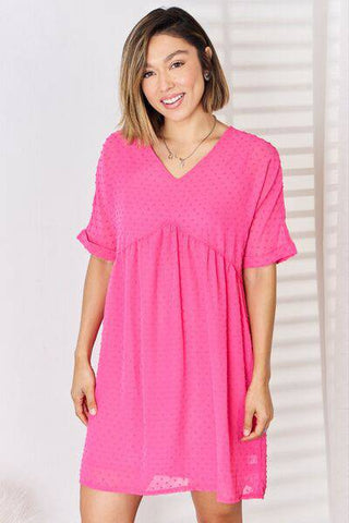 Zenana Swiss Dot Rolled Short Sleeve Babydoll Dress - 1985 the VAULT Boutique