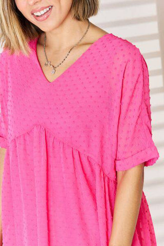 Zenana Swiss Dot Rolled Short Sleeve Babydoll Dress - 1985 the VAULT Boutique