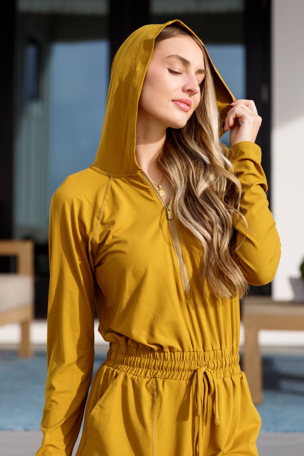 Getting Out Long Sleeve Hoodie Romper Gold Spice - Happily Ever Atchison Shop Co.