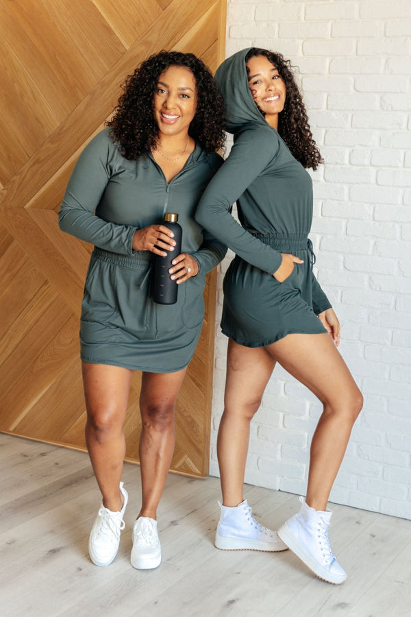 Getting Out Long Sleeve Hoodie Romper in Smoked Spruce - Happily Ever Atchison Shop Co.