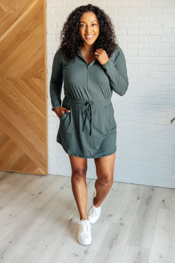 Getting Out Long Sleeve Hoodie Romper in Smoked Spruce - Happily Ever Atchison Shop Co.