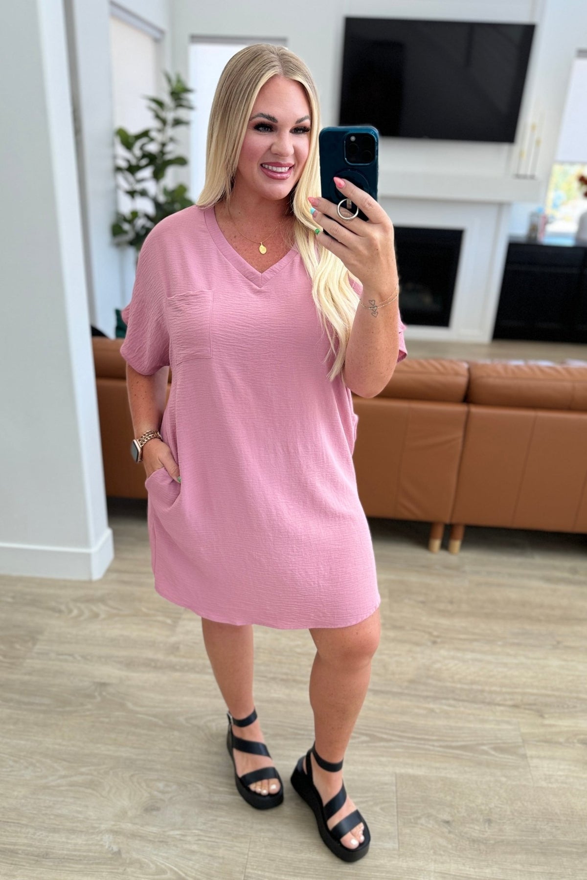 Go - Go Girl V - Neck T - Shirt Dress in Light Rose - Happily Ever Atchison Shop Co.