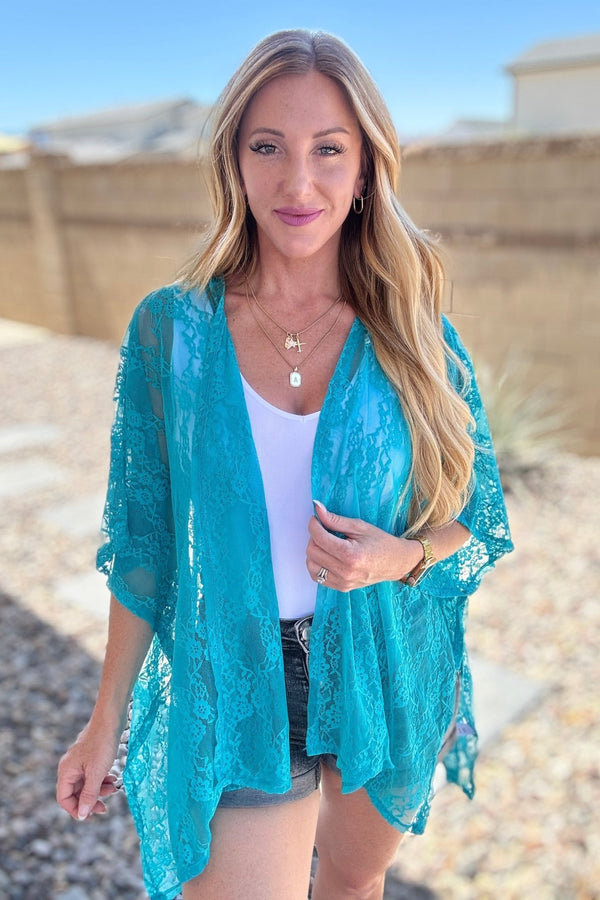 Good Days Ahead Lace Kimono In Teal - Happily Ever Atchison Shop Co.