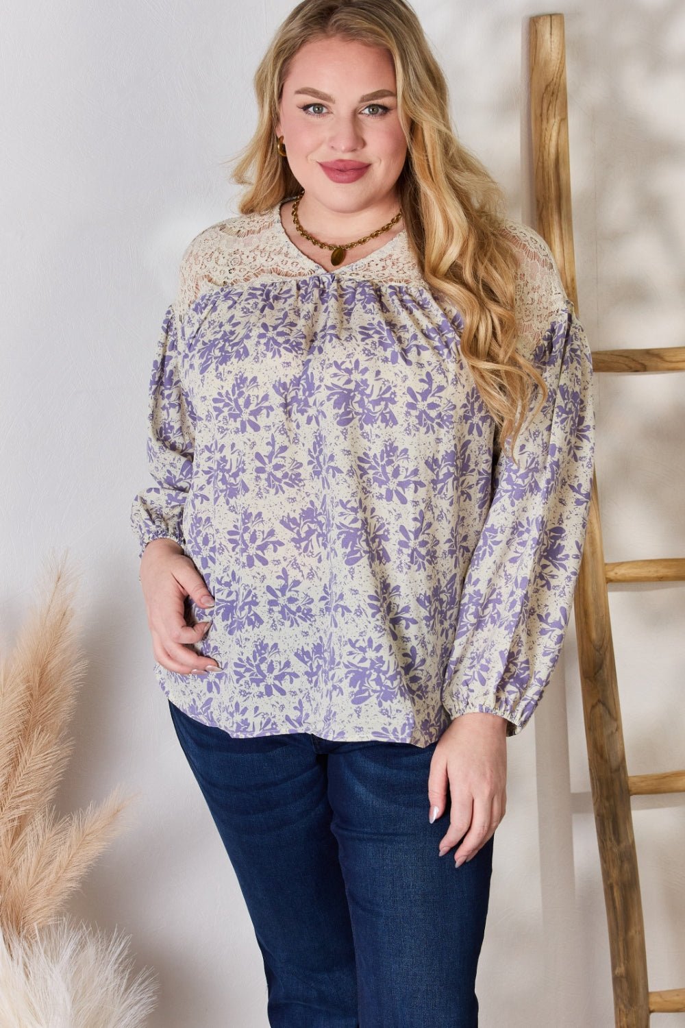 Hailey & Co Full Size Lace Detail Printed Blouse - Happily Ever Atchison Shop Co.