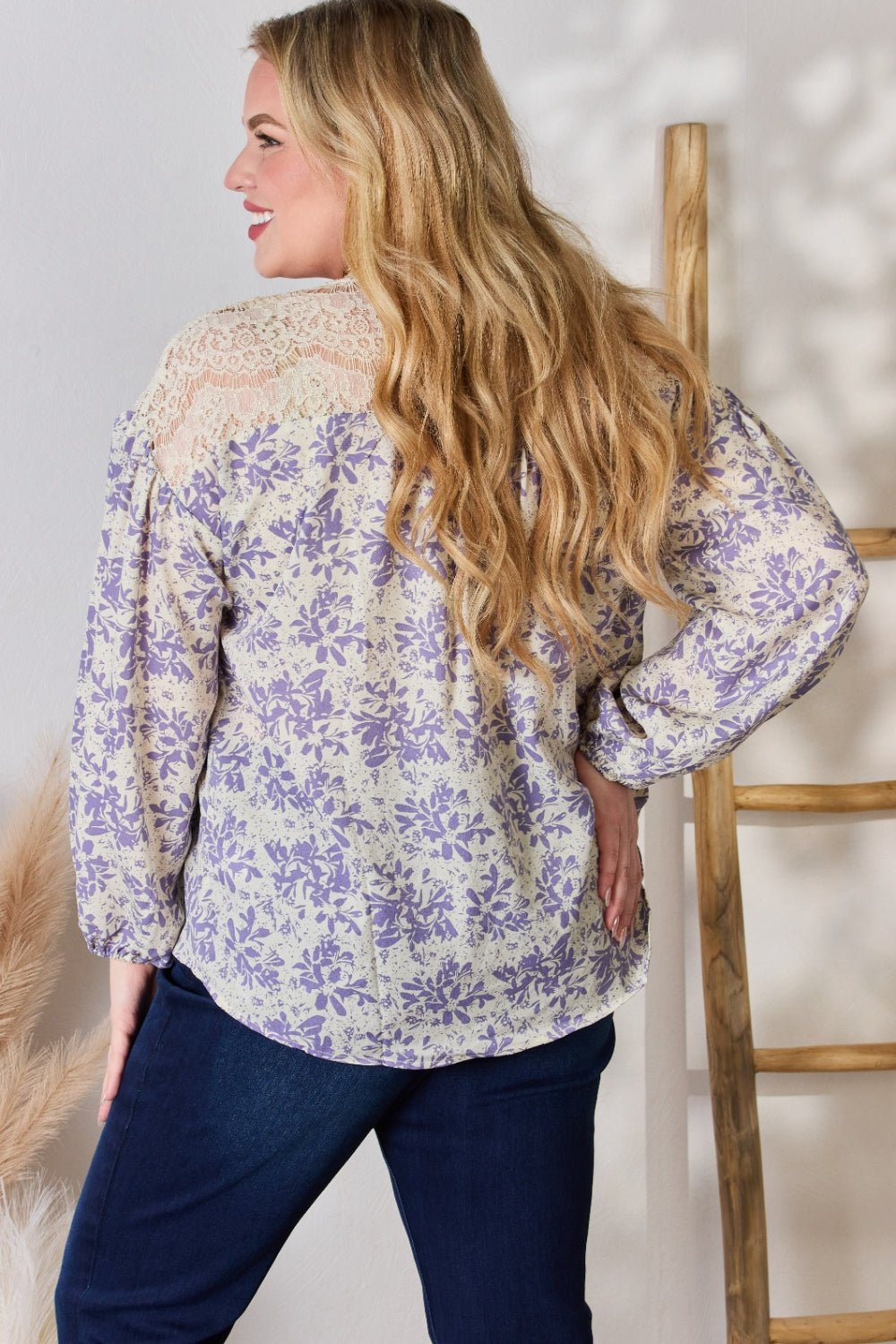 Hailey & Co Full Size Lace Detail Printed Blouse - Happily Ever Atchison Shop Co.