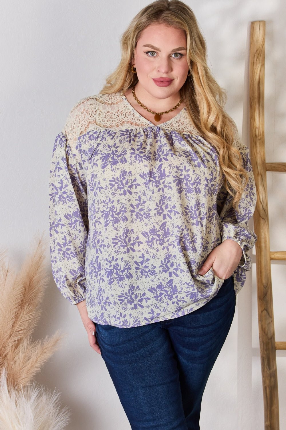 Hailey & Co Full Size Lace Detail Printed Blouse - Happily Ever Atchison Shop Co.