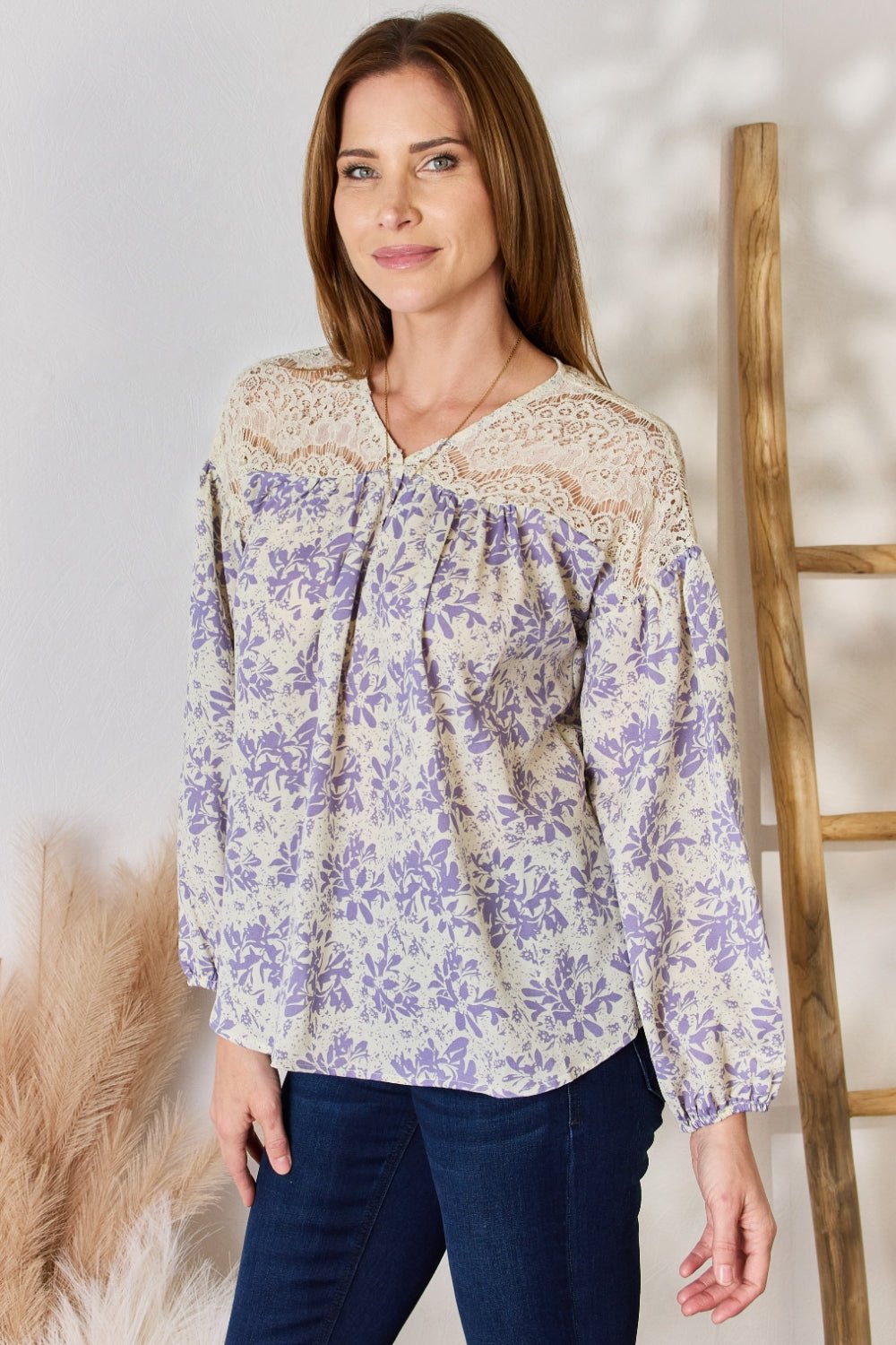 Hailey & Co Full Size Lace Detail Printed Blouse - Happily Ever Atchison Shop Co.