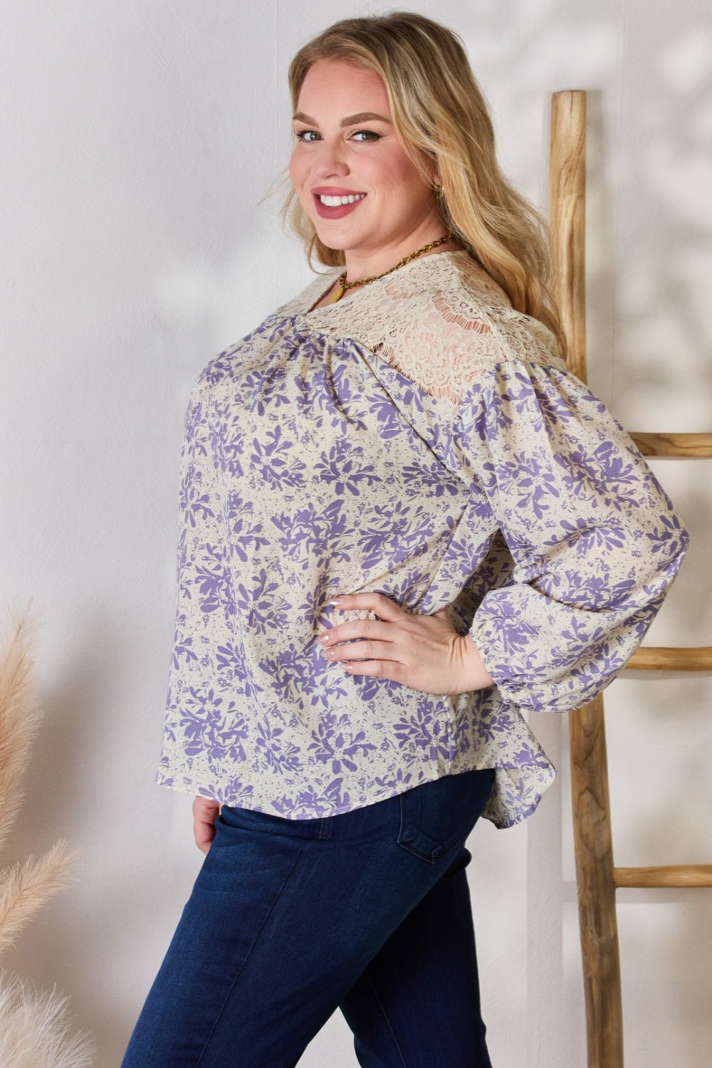 Hailey & Co Full Size Lace Detail Printed Blouse - Happily Ever Atchison Shop Co.