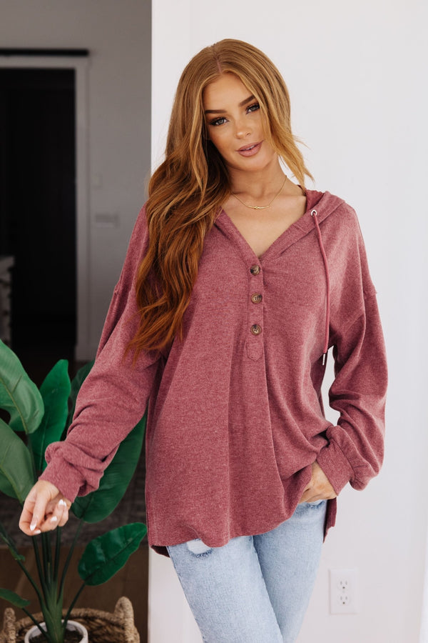 Happier Now Henley Hoodie in Burgundy - Happily Ever Atchison Shop Co.